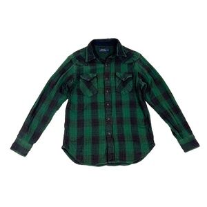 Polo Ralph Lauren Western Pearl Snap Green Plaid Cotton Thick Flannel